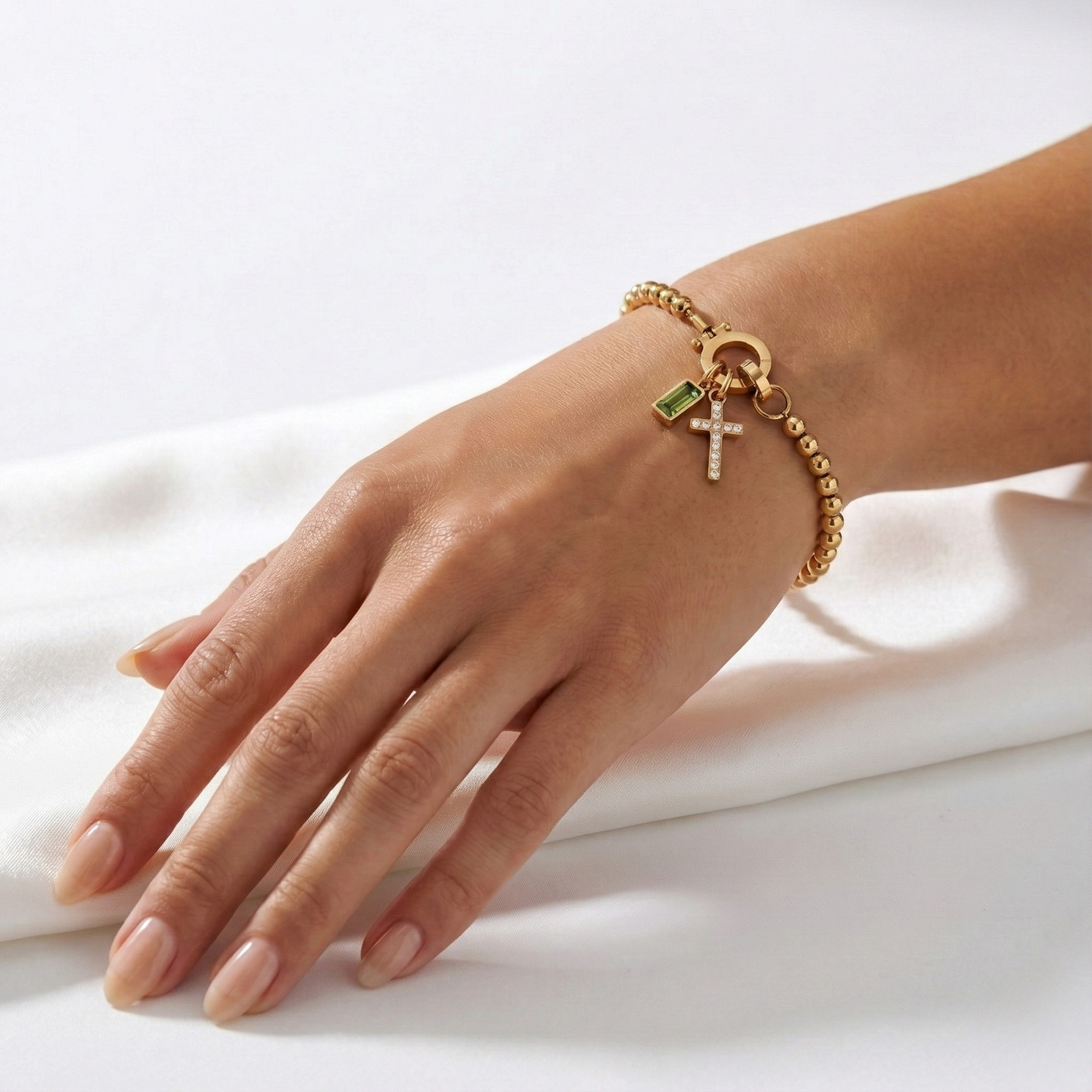 Pulseira AX de Contas com Charme de Cruz e Pedra do Mês