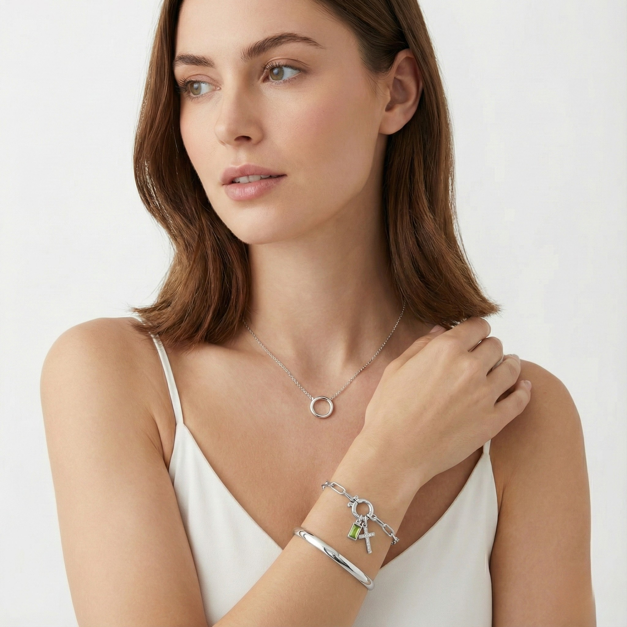 Pulseira AX Papel clipe com Charme de Cruz e Pedra do Mês