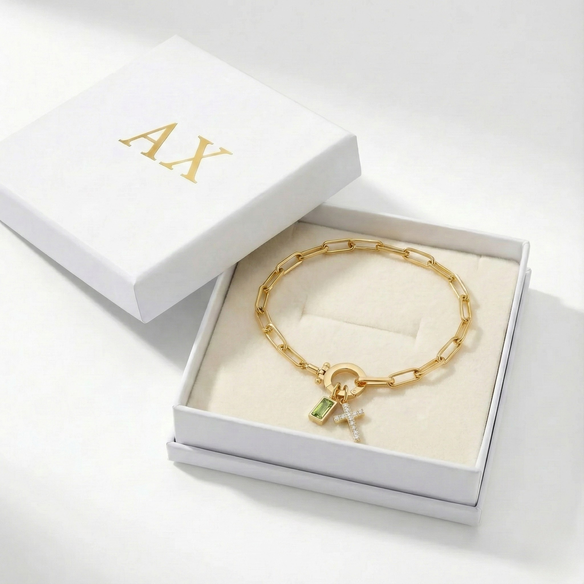 Pulseira AX Papel clipe com Charme de Cruz e Pedra do Mês