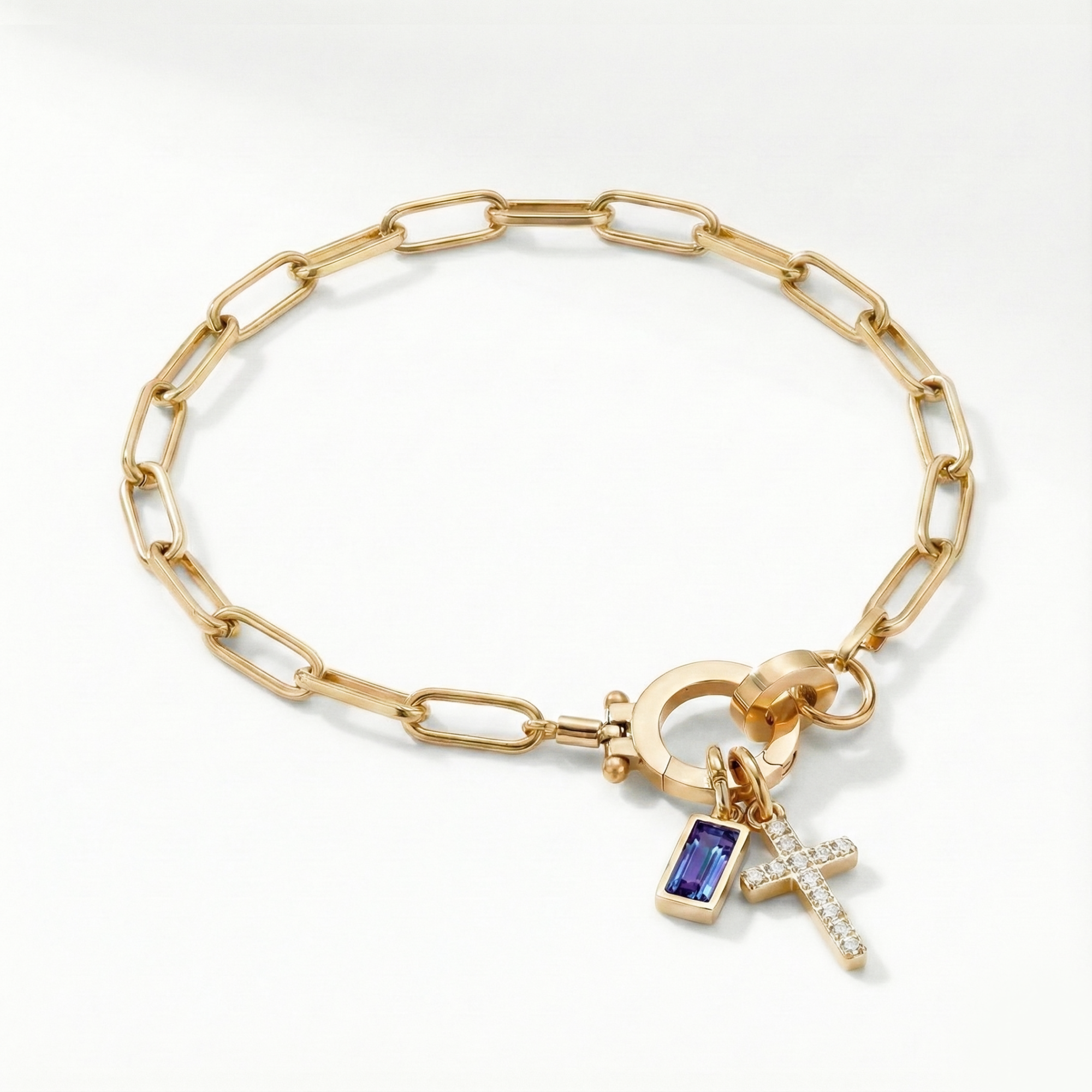 Pulseira AX Papel clipe com Charme de Cruz e Pedra do Mês