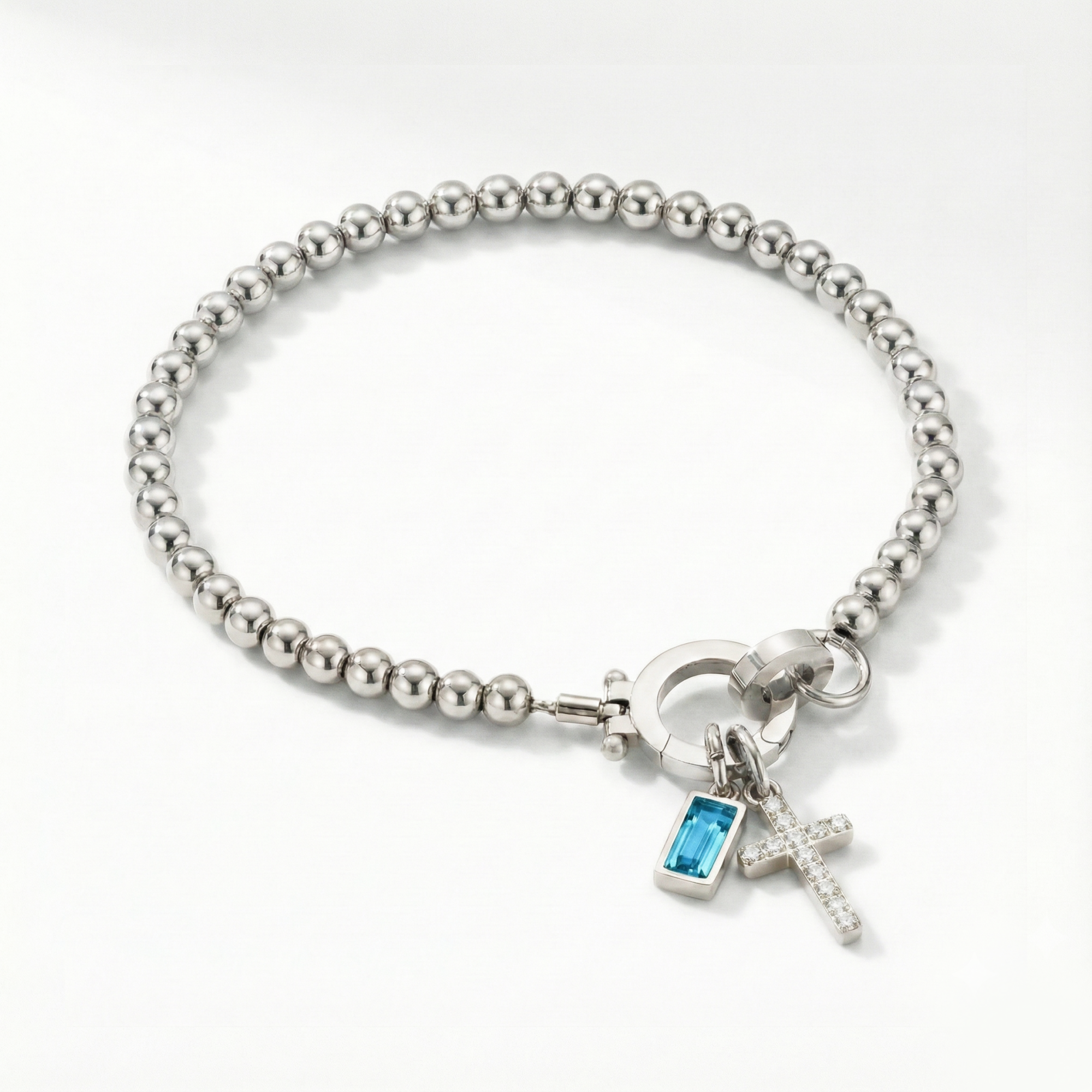 Pulseira AX de Contas com Charme de Cruz e Pedra do Mês