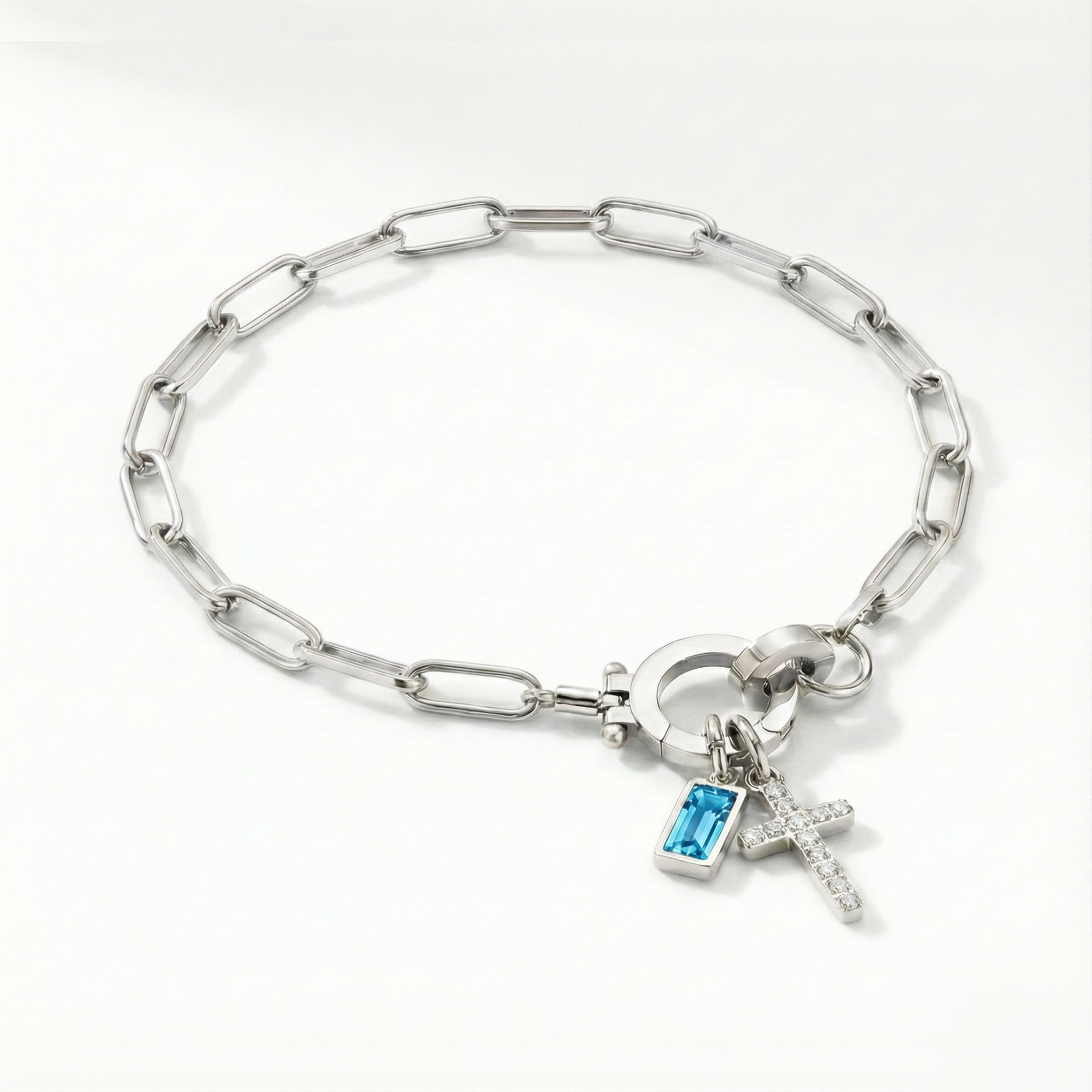 Pulseira AX Papel clipe com Charme de Cruz e Pedra do Mês
