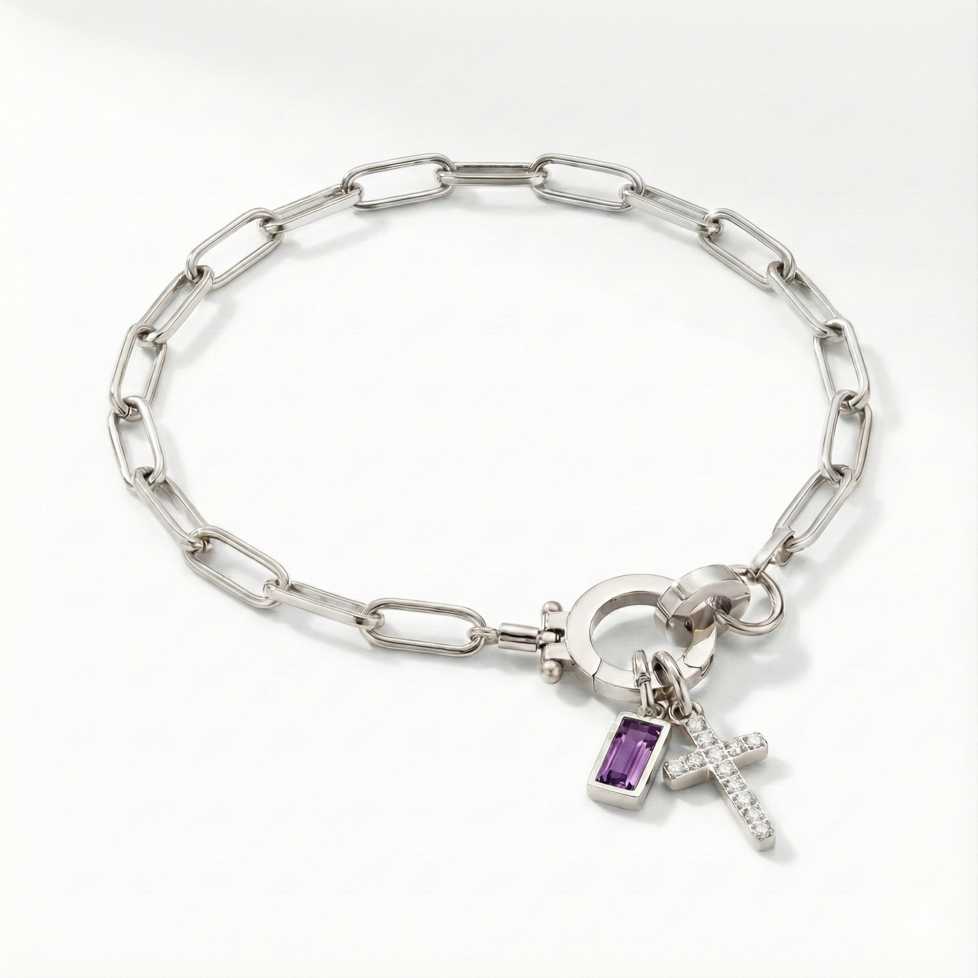 Pulseira AX Papel clipe com Charme de Cruz e Pedra do Mês