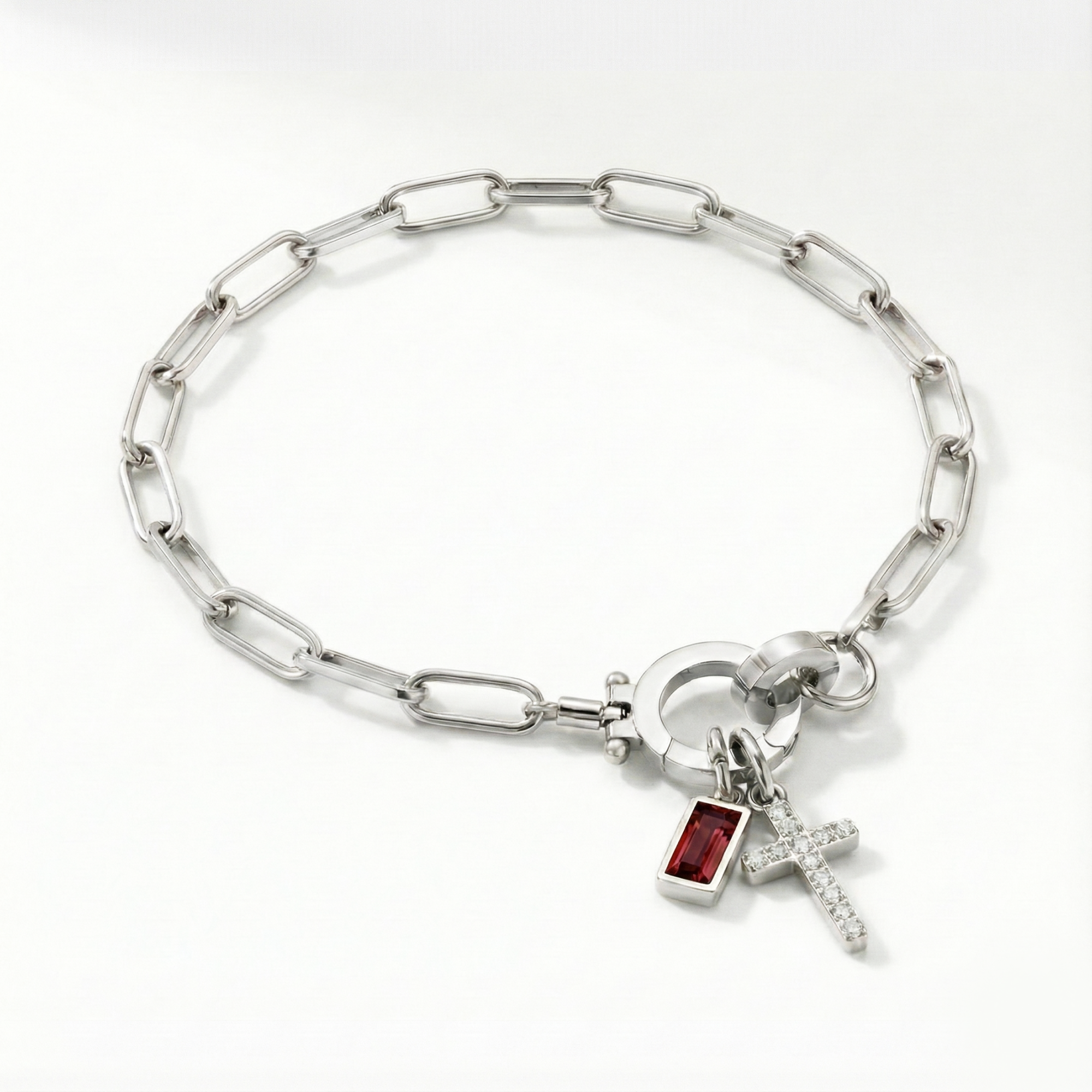 Pulseira AX Papel clipe com Charme de Cruz e Pedra do Mês