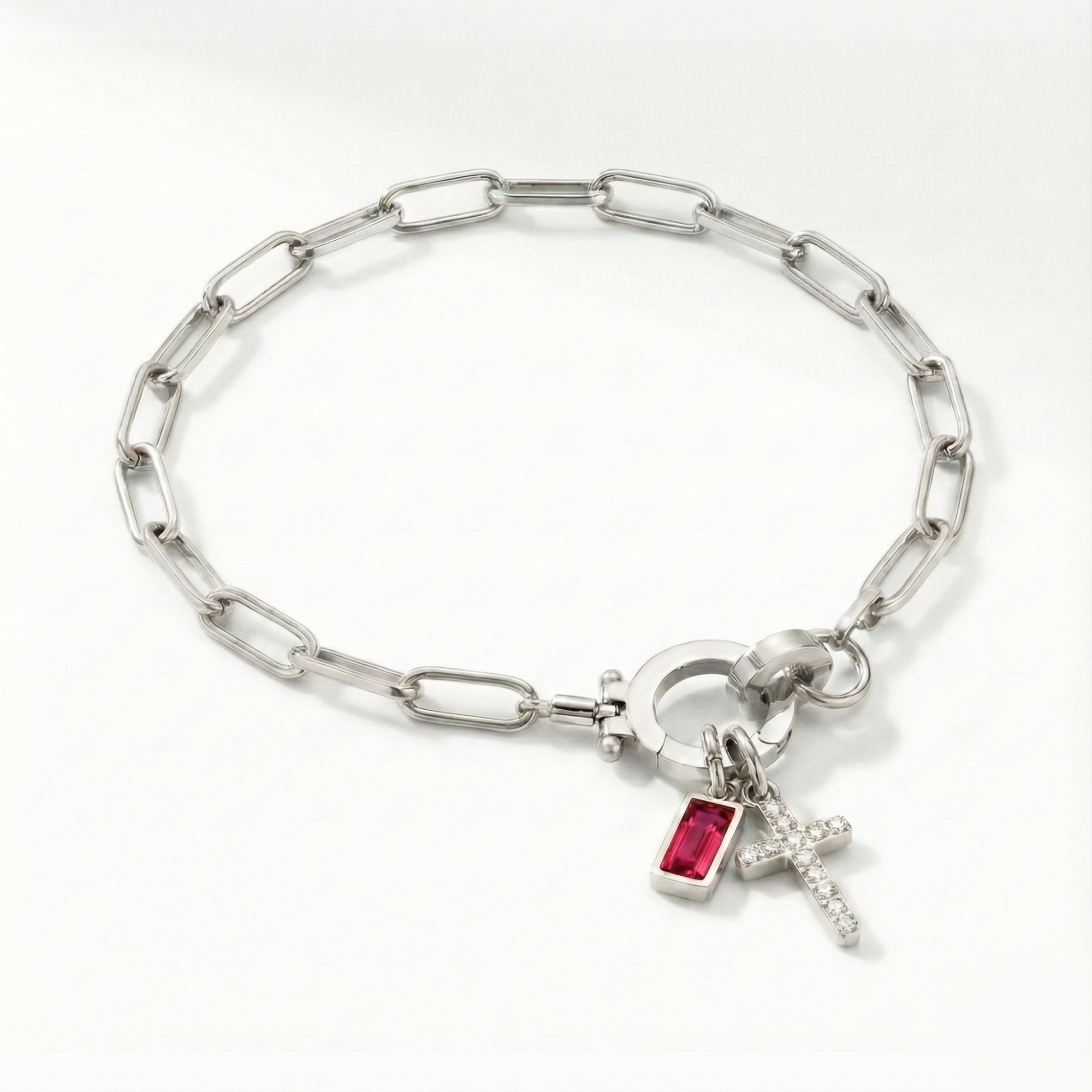 Pulseira AX Papel clipe com Charme de Cruz e Pedra do Mês