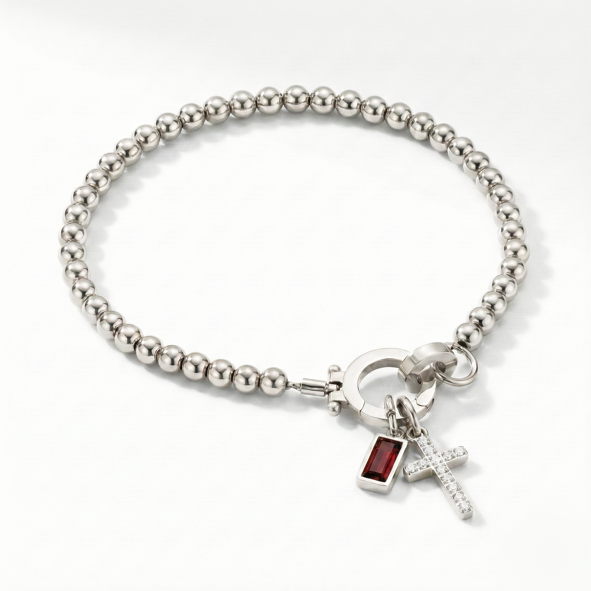 Pulseira AX de Contas com Charme de Cruz e Pedra do Mês