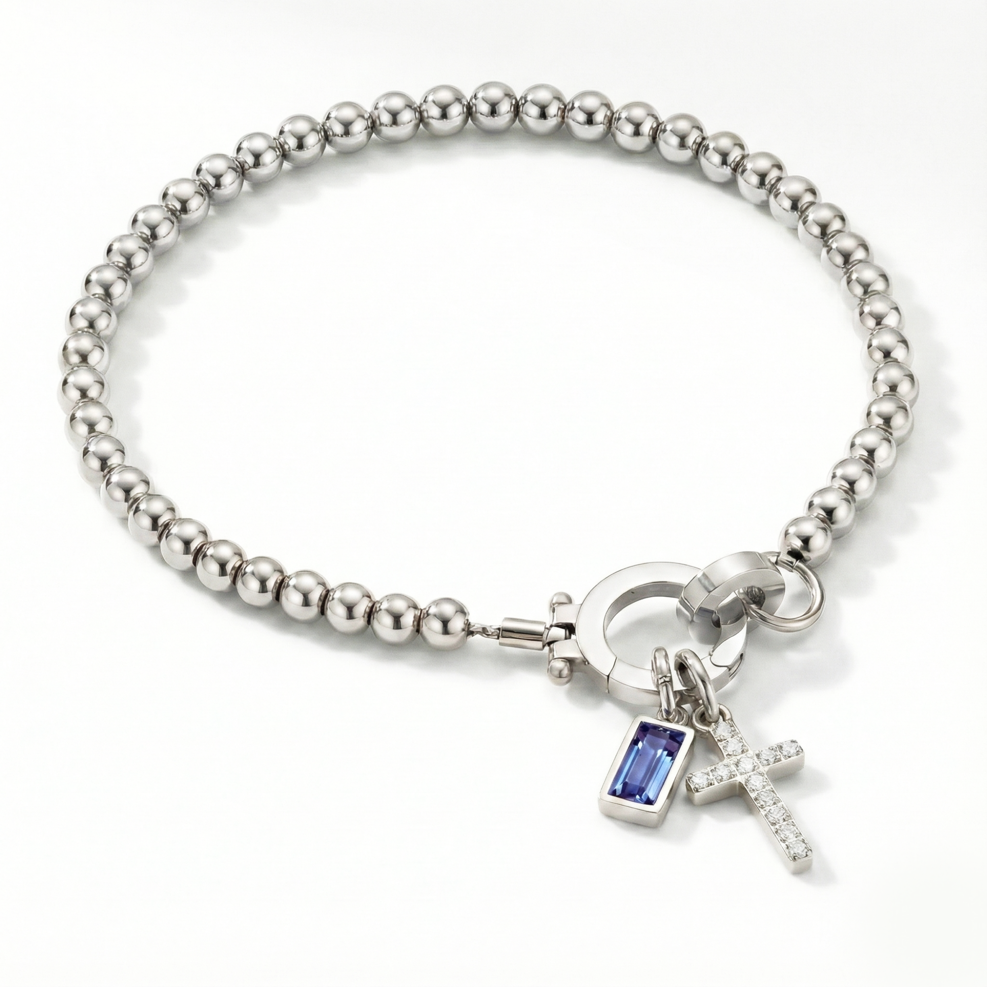 Pulseira AX de Contas com Charme de Cruz e Pedra do Mês