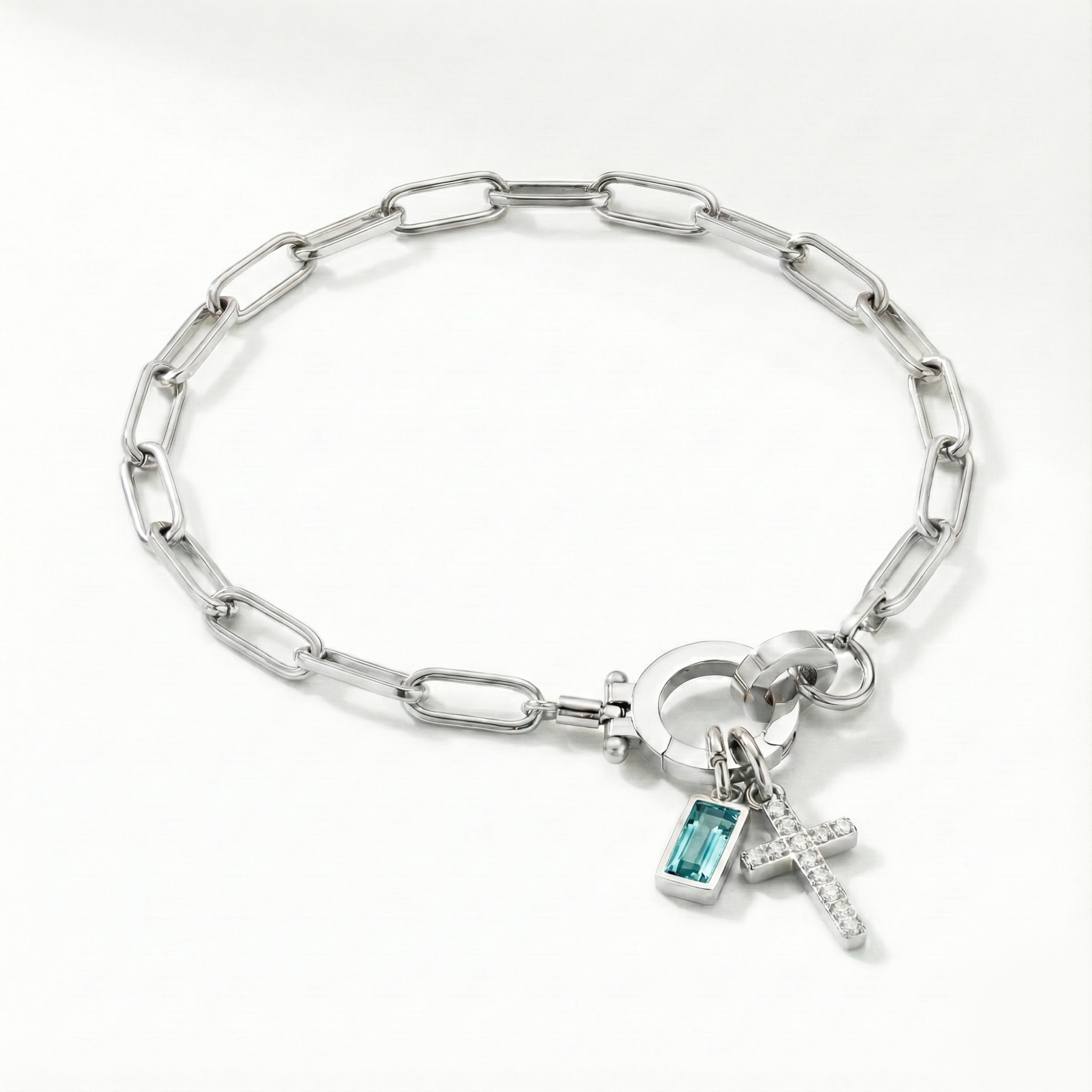 Pulseira AX Papel clipe com Charme de Cruz e Pedra do Mês