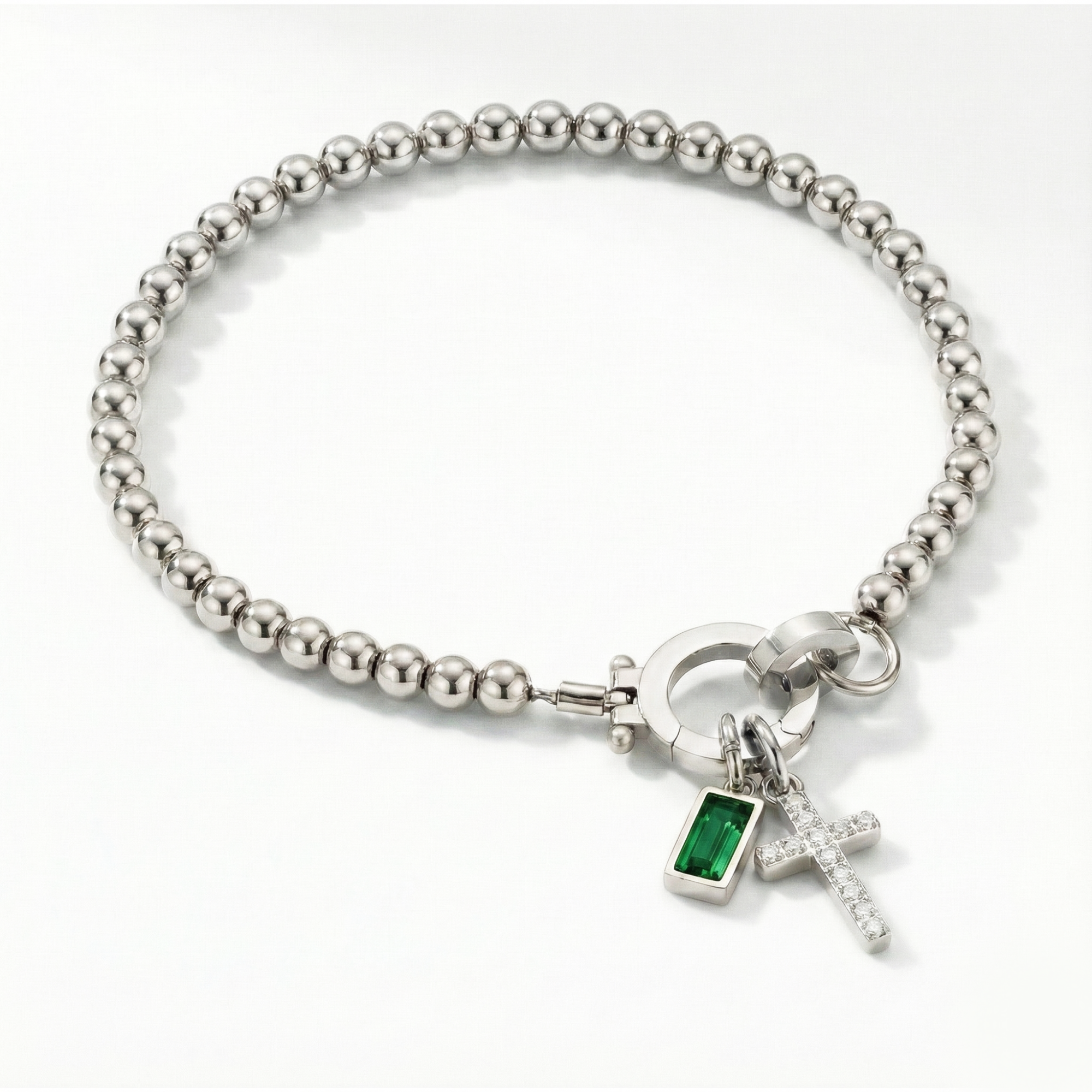 Pulseira AX de Contas com Charme de Cruz e Pedra do Mês