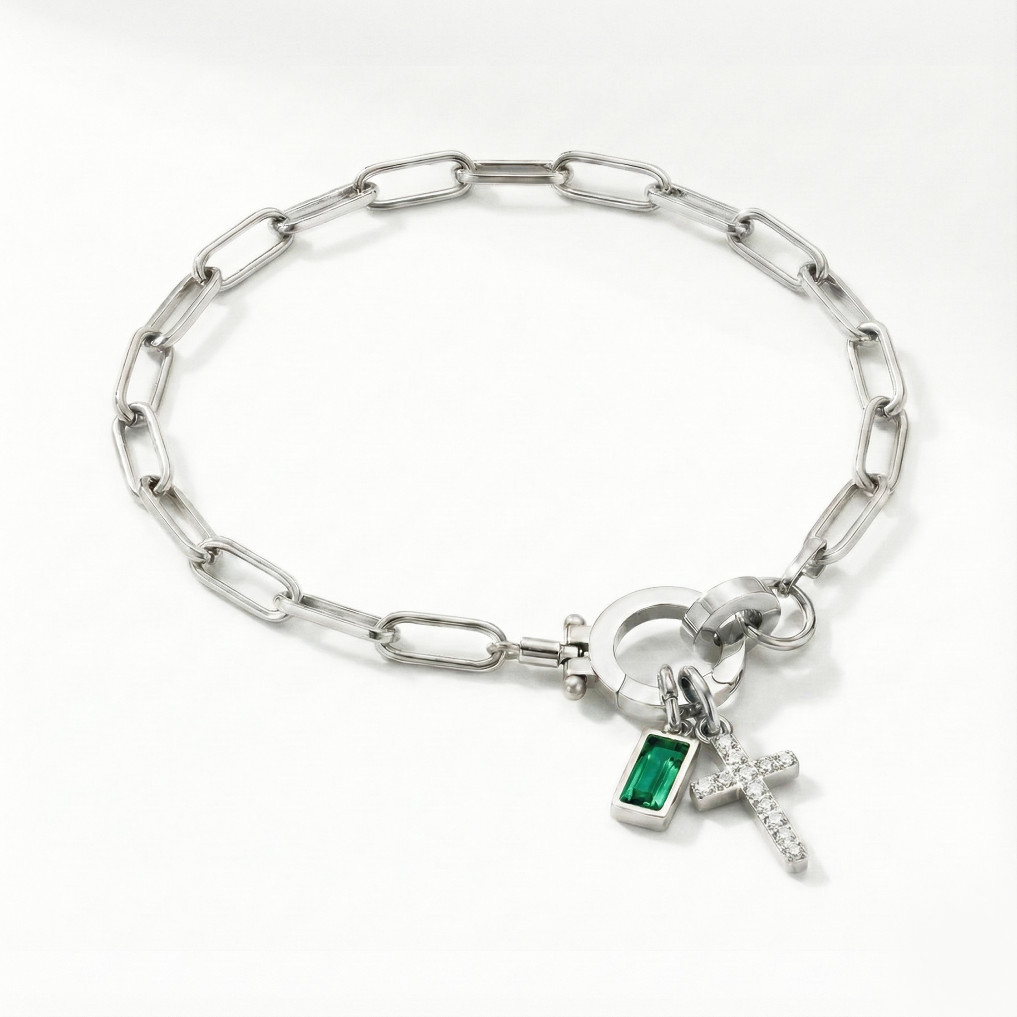 Pulseira AX Papel clipe com Charme de Cruz e Pedra do Mês