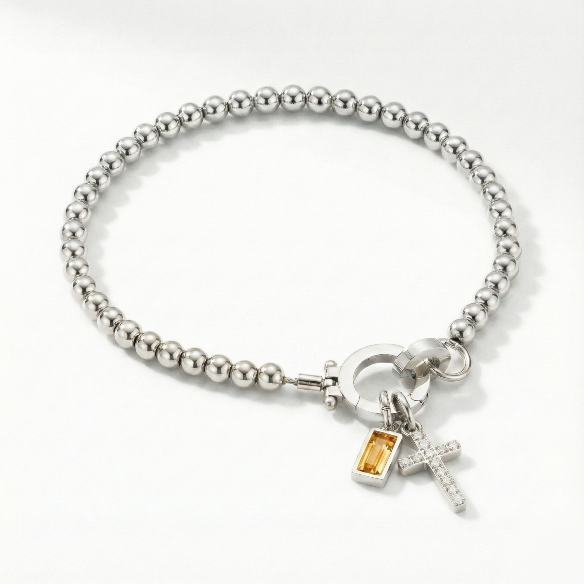 Pulseira AX de Contas com Charme de Cruz e Pedra do Mês