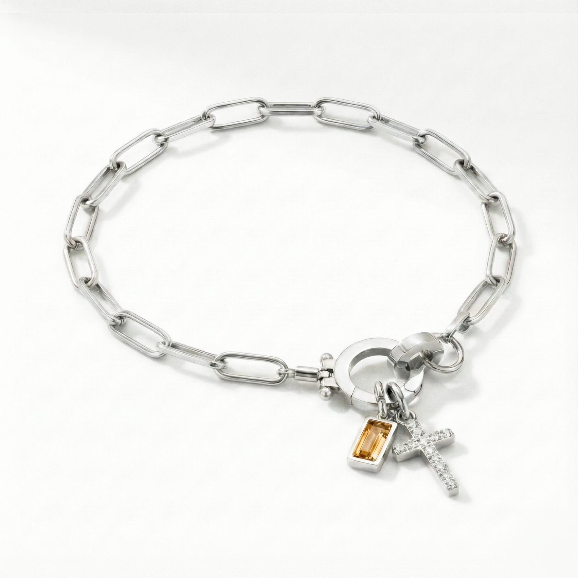 Pulseira AX Papel clipe com Charme de Cruz e Pedra do Mês