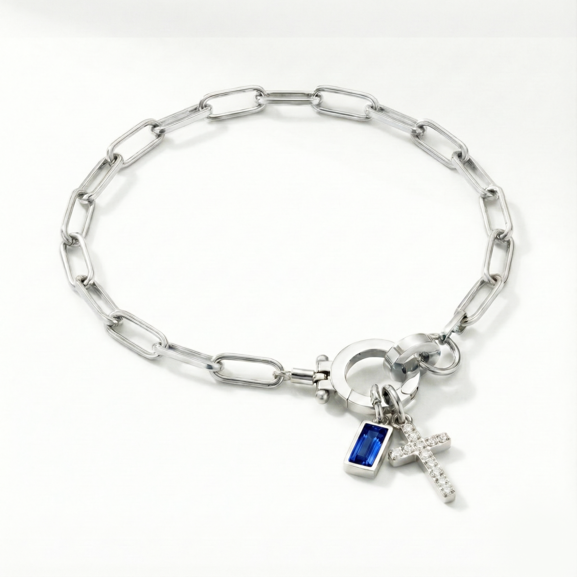 Pulseira AX Papel clipe com Charme de Cruz e Pedra do Mês