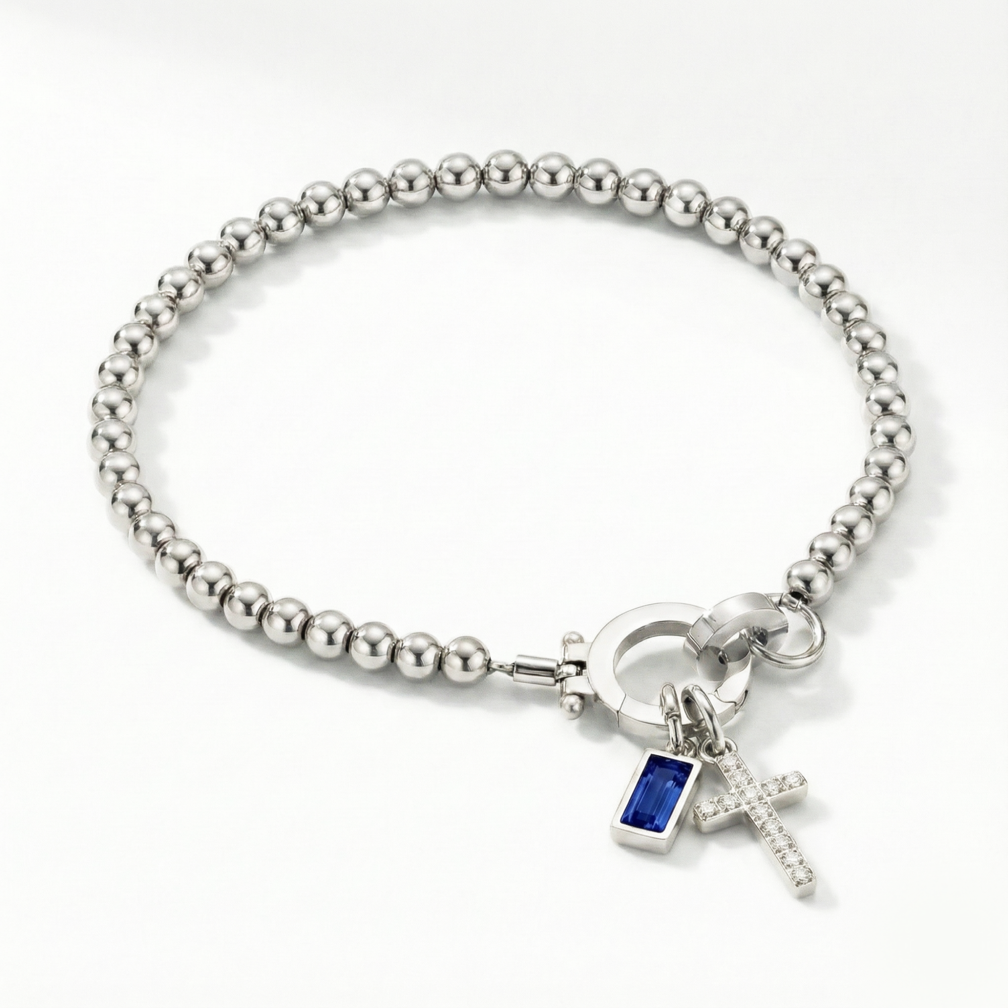 Pulseira AX de Contas com Charme de Cruz e Pedra do Mês